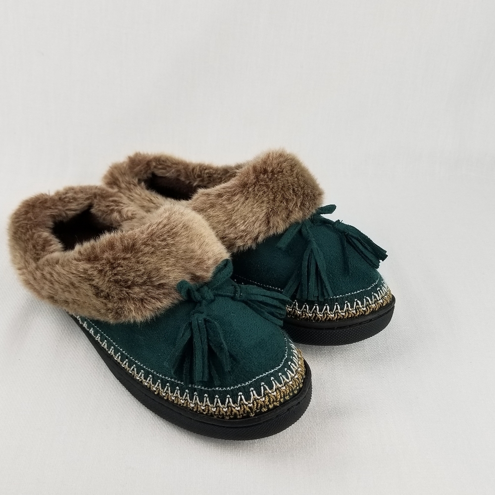 isotoner Green Faux Fur Lined Tassel Moccasin Slippers